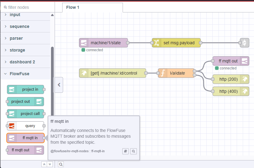 Screenshot of Node-RED with FlowFuse MQTT nodes