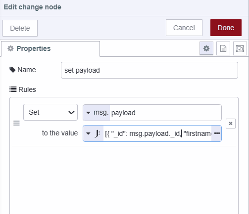 "Screenshot displaying the change node setting payload as an array containing a query and operation to perform an delete operation in the database"